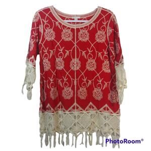 Cato Red Cream Embroidered Lace Boho Top Coastal Beach Size M